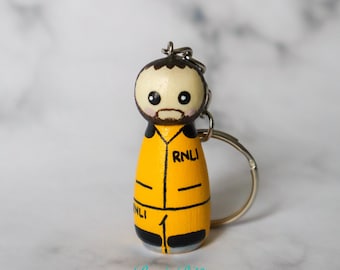 RNLI Lifeboat Person Peg Doll Keyring / Charm (personalised) Handmade 4.3cm