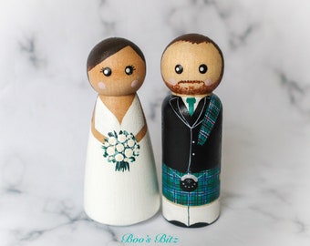 Personalised Scottish Wedding Bride and Groom Peg Dolls, cake topper, gift, wedding, Mr and Mrs, Mr and Mr, Mrs and Mrs, Handmade 9cm