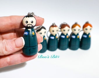 Paramedic Peg Doll Keyring / Charm 5.3cm (personalised) NHS key worker Handmade