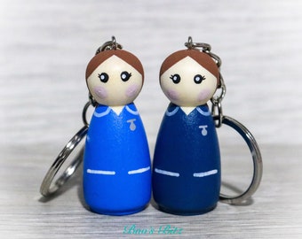 Nurse Peg Doll Keyring / Charm 4.3cm (personalised) NHS key worker Handmade