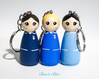 Nurse Peg Doll Keyring / Charm 5.3cm (personalised) NHS key worker Handmade
