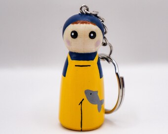 Fisherman Peg Doll Keyring / Charm 4.3cm (personalised) NHS key worker Handmade
