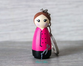Hairdresser / Beautician Peg Doll Keyring / Charm 4.3cm (personalised) NHS key worker Handmade