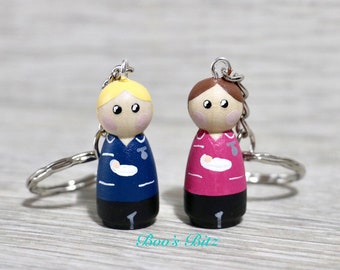 Midwife Peg Doll Keyring / Charm (personalised) Handmade NHS Keyworker 3.5cm