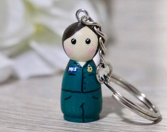 Paramedic Peg Doll Keyring / Charm 3.5cm (personalised) NHS key worker Handmade