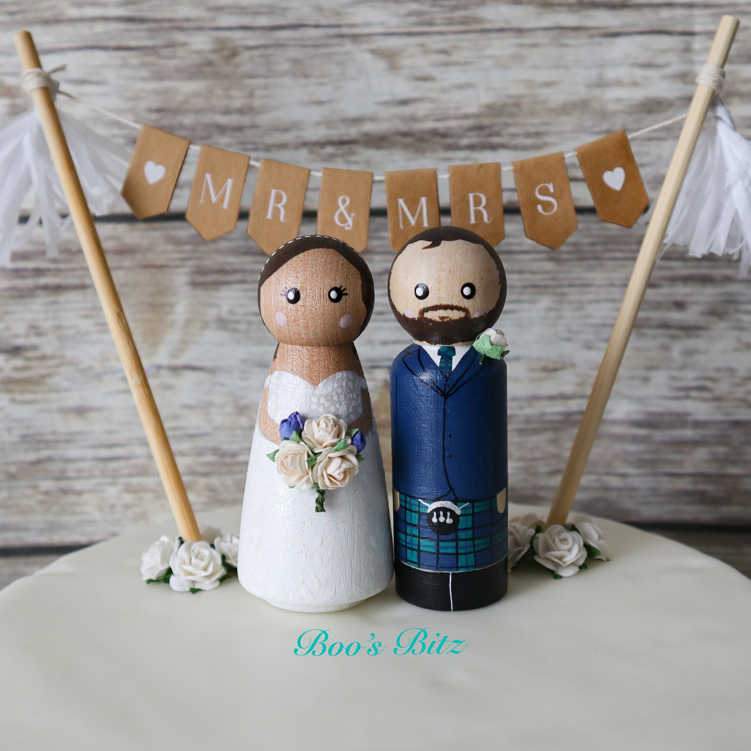Personalised Scottish Wedding Bride and Groom Peg Dolls, Cake Topper ...