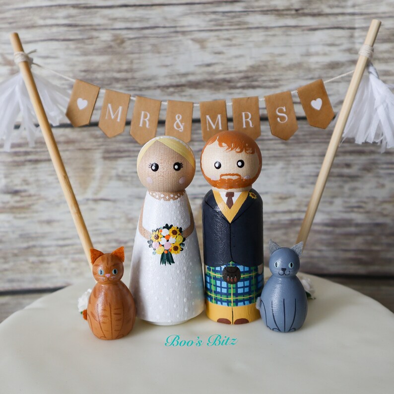 Personalised Scottish Wedding Bride and Groom Peg Dolls, Cake Topper ...
