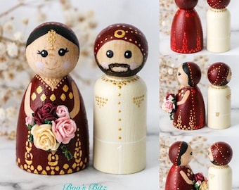 Indian Wedding Bride and Groom Peg Dolls, cake topper, gift, wedding, personalised, Mr & Mrs, Mr + Mr, Mrs + Mrs, Handmade Wooden, 6cm tall