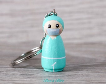 Surgeon / Scrub Nurse Peg Doll Keyring / Charm (personalised) NHS Key Worker Handmade 3.5cm