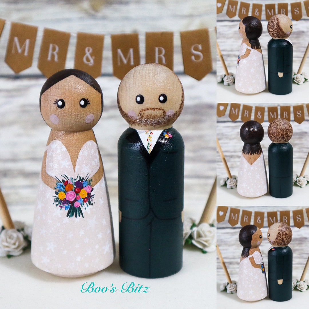 Personalised Wedding Bride and Groom Peg Dolls, Cake Topper, Gift ...