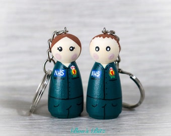 Paramedic Peg Doll Keyring / Charm 4.3cm (personalised) NHS key worker Handmade