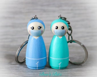 Surgeon Peg Doll Keyring / Charm 4.3cm (personalised) NHS key worker Handmade