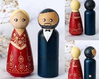 Indian Wedding Bride and Groom Peg Dolls. Personalised cake topper, gift, wedding, personalised, Mr and Mrs, Handmade 9cm