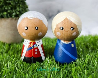 King Charles lll & Queen Consort Camilla Chunky Peg Dolls. Hand painted 7cm Coronation