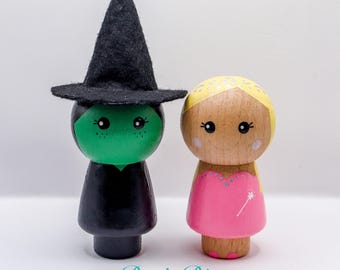 Chunky Wicked Inspired Peg Dolls. Glinda & Elphaba. Hand painted 8cm.