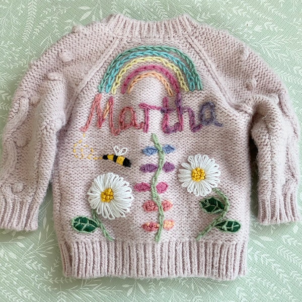 Personalised Baby Flowers Cardigan with hand embroidered name - flowers, rainbow, sun, bees, butterfly, leaf