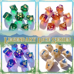May include: A set of four different colored polyhedral dice with a Zelda theme. The dice are translucent and have gold accents. The dice are labeled with the Triforce symbol, a sword, and a fairy. The dice are part of a "Legendary Dice Series".