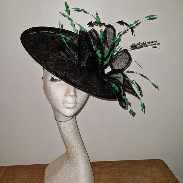 Black and emerald green feather flower fascinator hatinator weddings races special occasions Aintree Chester Cheltenham Royal Ascot races