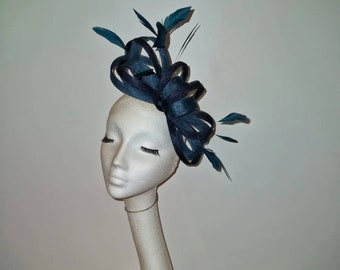 Navy blue and teal green feather fascinator for weddings races and special occasions Aintree Chester Cheltenham Royal Ascot races weddings