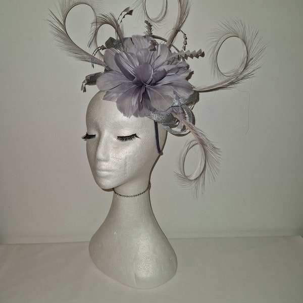 Silver grey feather fascinator hatinator for wedding races and special occasions