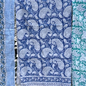 Puede incluir: Tres paneles de tela de algodón con estampado paisley. El panel de la izquierda es azul y blanco con un patrón a rayas. El panel del centro es azul con un estampado paisley blanco. El panel de la derecha es verde con un estampado paisley blanco.