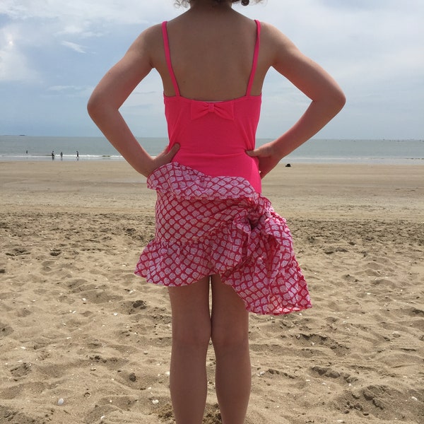 Beach pareo pink girl with ruffles - sarong - scarf - chèche- Indian cotton hand printed with wooden stamp -block print