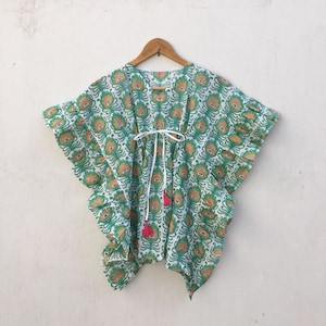 Strandtunikakleid Badekaftanponcho für Mädchen Farngrün mit Rüschen handbedruckter Tamponblockdruck aus indischer Baumwolle Bild 1