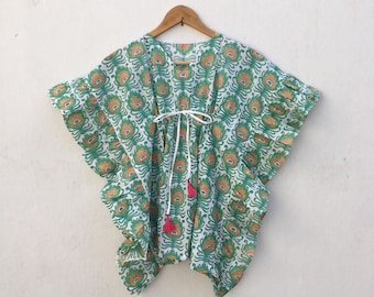 Beach tunic dress - girl's swim caftan poncho - fern green with ruffles - Indian cotton hand-printed tampon-block print