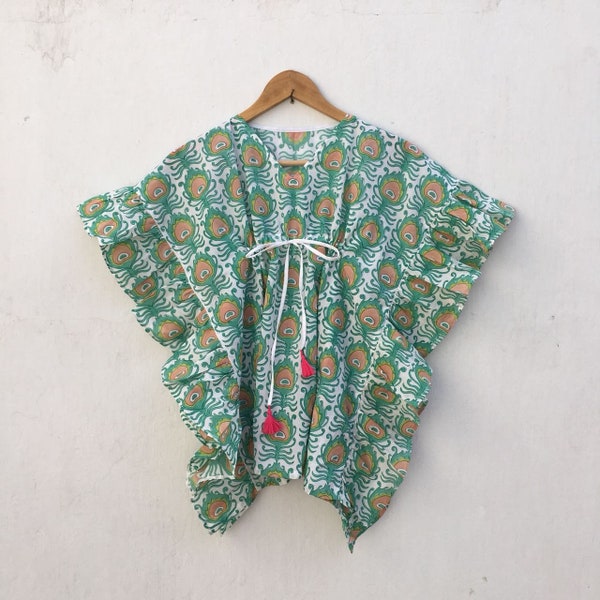 Beach tunic dress - girl's swim caftan poncho - fern green with ruffles - Indian cotton hand-printed tampon-block print