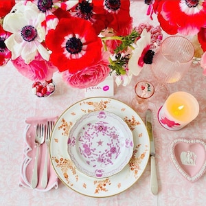 Tablecloth Plaid FLORA Rose Powdered Refined table linen of boho Chic spirit in thick cotton hand-printed with wooden stamp block print