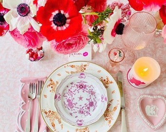 Tablecloth Plaid FLORA Rose Powdered Refined table linen of boho Chic spirit in thick cotton hand-printed with wooden stamp block print