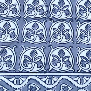 Puede incluir: Una tela azul y blanca con un patrón repetido de hojas estilizadas en círculos. La tela tiene un borde con un diseño ondulado.