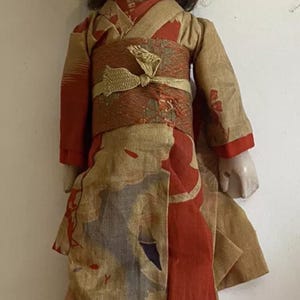 Japanische Porzellan Frauen Puppe Glasaugen Echthaar Seide Kleidung Kimono
