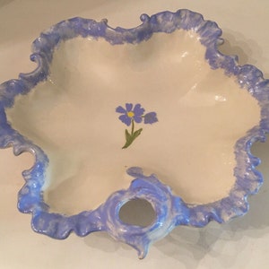Nice Vintage blue & yellow flower handmade Hand Painted bowl 1975