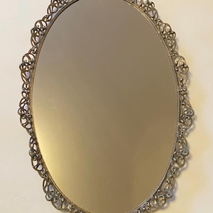 Antique 34” Oval Brass Glass Mirror Tray