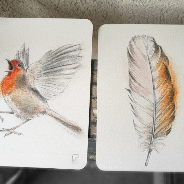 2 Dessins originaux d'oiseau et plume au crayon et pastel, carte postale, exemplaires uniques, cadeau, décoration d'intérieur