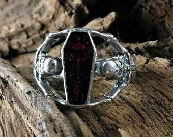 Coffin & Skeleton Ring .925 sterling silver, biker, goth, metal, viking, pagan, celtic - Sizes M - Z