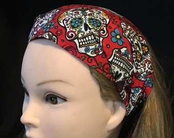 Day of the Dead Sugar Skull (Candy Skull) Headband Bandana Hair Tie Ladies Girls Fashion 100% Cotton Fabric