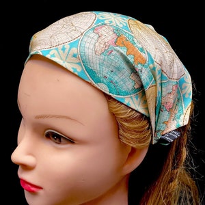 Globe nautische Karte Atlas Design perfekt für die Reisende elastisches Stirnband Bandana Haargummi Turban Stoff Damenmode 100% Baumwolle