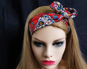 Great day of the dead candy sugar skull material in our Wired Headband Quick and Easy to tie your hair up - no Knots just twist 100% Cotton