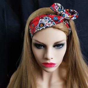 Great day of the dead candy sugar skull material in our Wired Headband Quick and Easy to tie your hair up - no Knots just twist 100% Cotton