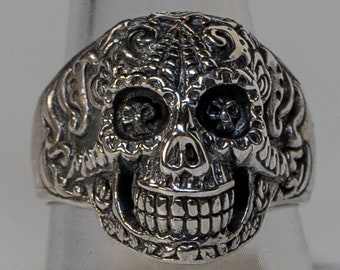 Candy Skull Sugar Skull Ring .925 solid sterling silver Biker Rocker Gothic Pagan Punk Day of the Dead Muertos dia de la muerte