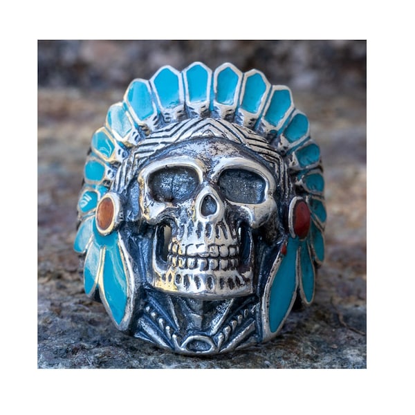 Native American Chief Skull .925 sterling silver Ring  with a turquoise feather headdress great biker and Exeter chiefs ring