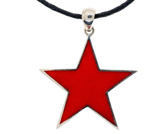 Large Red Star Pendant handmade from 925 sterling silver and enamel Star on black cord great gift idea retro. Che Guevara Symbol