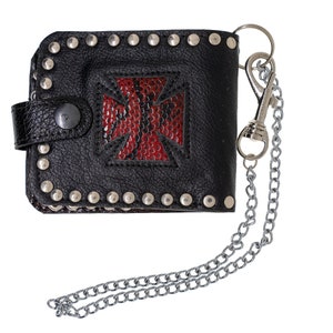Cartera plegable de cuero auténtico con cruz de hierro de piel de serpiente sintética con tarjeteros y llavero para cinturón hecho a mano en Devon, Reino Unido