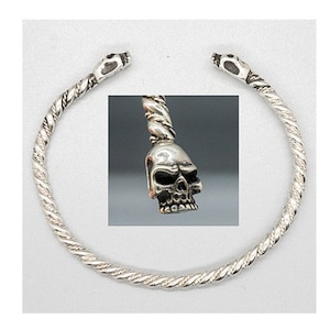 Beautifully handmade skull on either side of our Silver .925 Torc Bangle Bracelet Viking Arm Ring Nordic Norse Thor Odin Pagan Biker