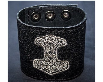 Wide Real Leather Thor's Hammer Wrist Cuff/Wristband HANDMADE Viking Norse, Celtic wrist protector, perfect for LARPers and Bikers