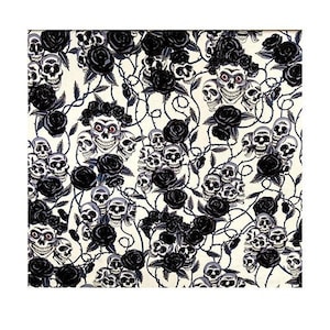 Great Gothic Design, Skulls wearing a crown of black roses 100% cotton FABRIC perfect for making clothing, costumes and accessories
