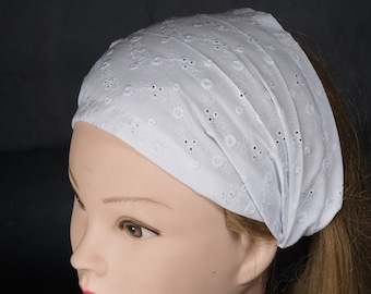 Faixa de cabelo elástica feita à mão em tecido bordado inglês tradicional, estilo bandana, para mulheres. Lenço 100% algodão.