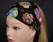 Bright and colourful day of the dead candy or sugar skulls on our handmade Headband Bandana Hair Tie Ladies Girls Fashion 100 Cotton